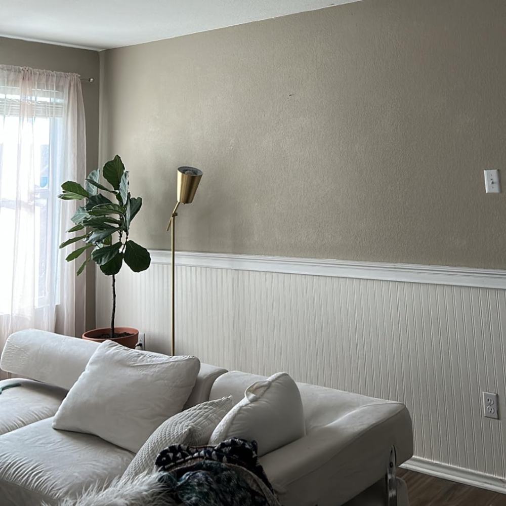 Bead board peel and stick wallpaper on a hallway wall