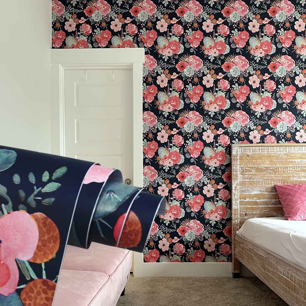 Floral peel and stick wallpaper on a bedroom wall